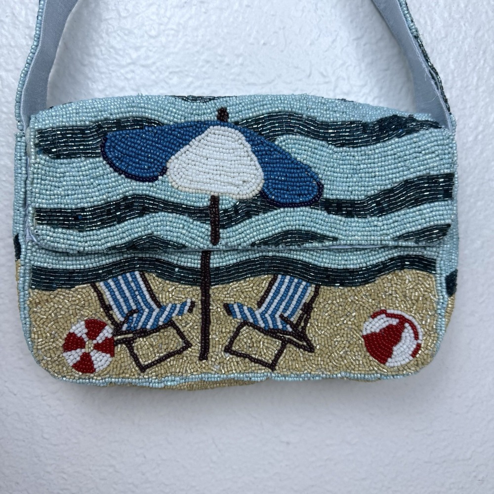 Sol And Mer Beaded Beach Scene Shoulder Bag Coastal Purse Sand Waves Vacation